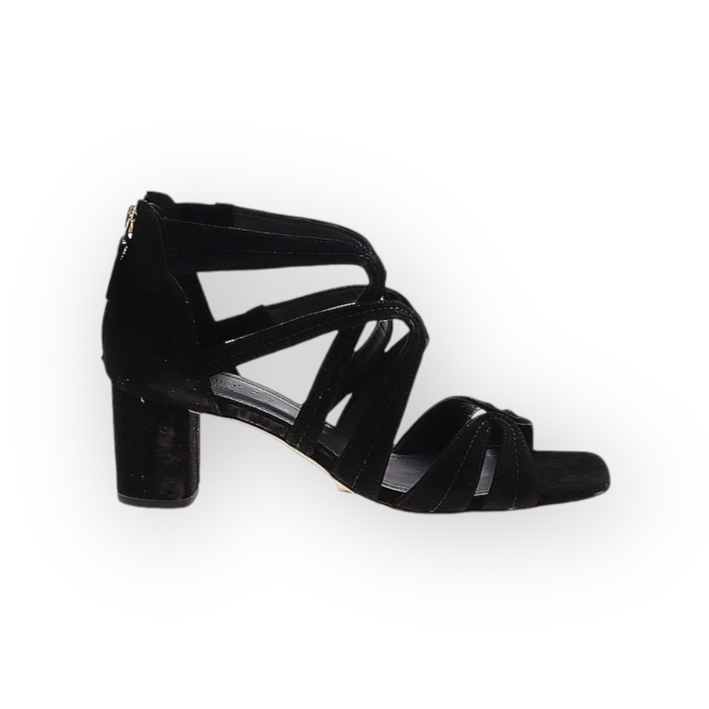 new Sandro 𒀭 Aliza Suede Trimmed Leather Block Heel Sandals 𒀭 Black 𒀭38 7.5 8